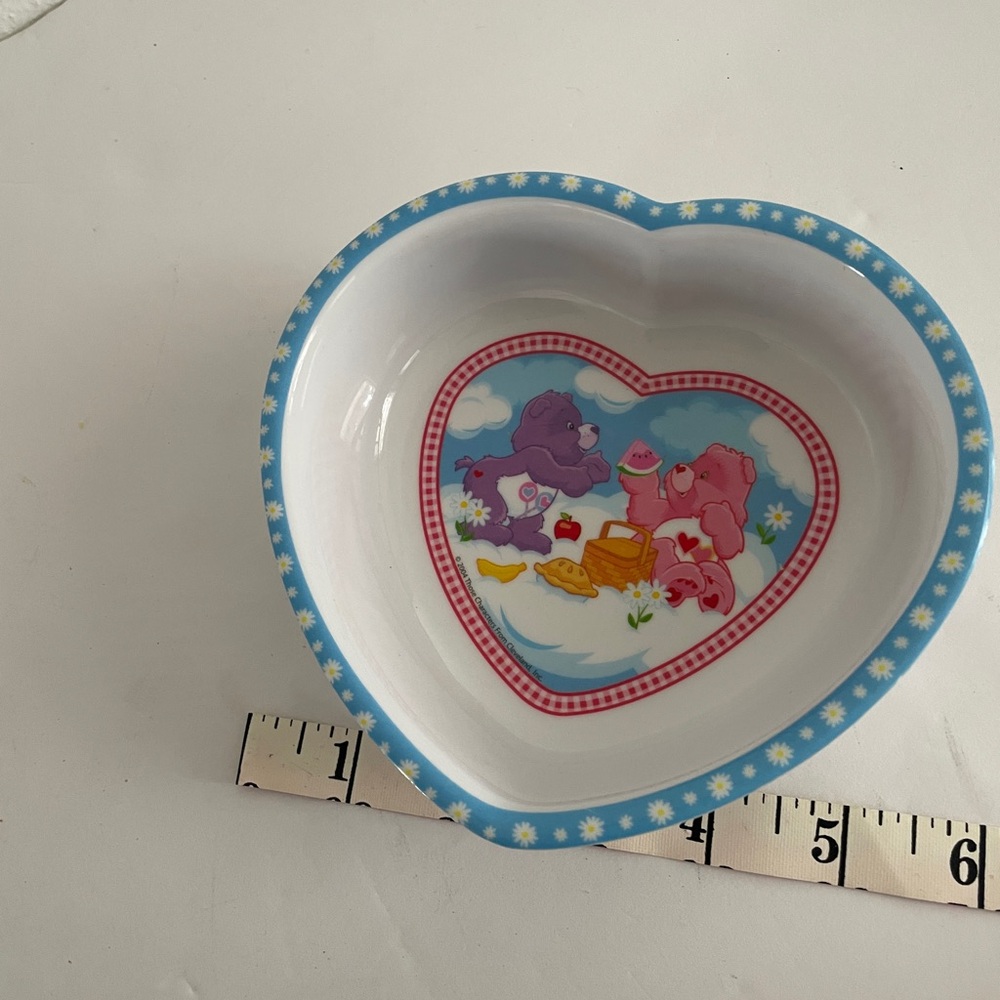 VTG Heart-Shaped Bowl with Care Bear Design Blue Daisy trim. Retro Kids Dishware - Picture 2 of 6
